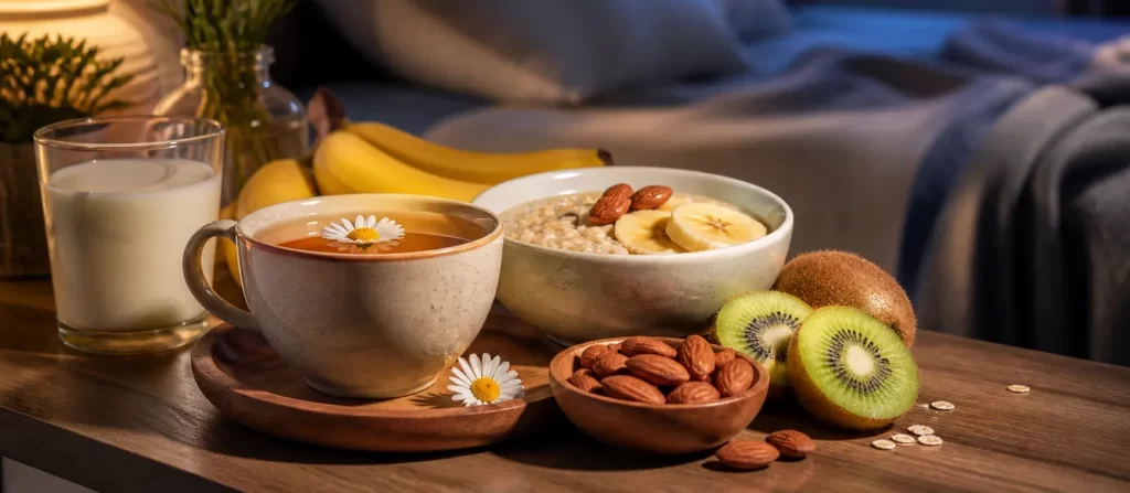 Een warme, kalmerende scène met slaapvriendelijke voeding zoals thee, melk, banaan, kiwi, havermout en amandelen voor een ontspannen avond.