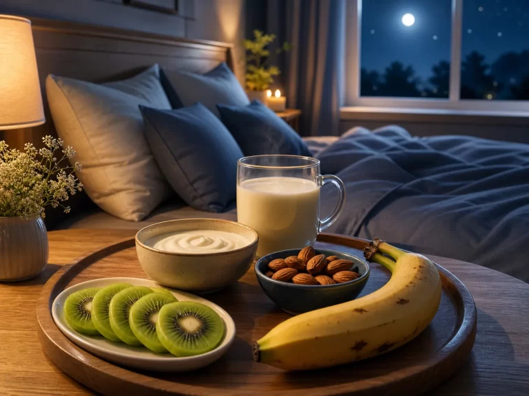 Gezonde lichte snacks op een nachtkastje voor een ontspannen en goede nachtrust.
