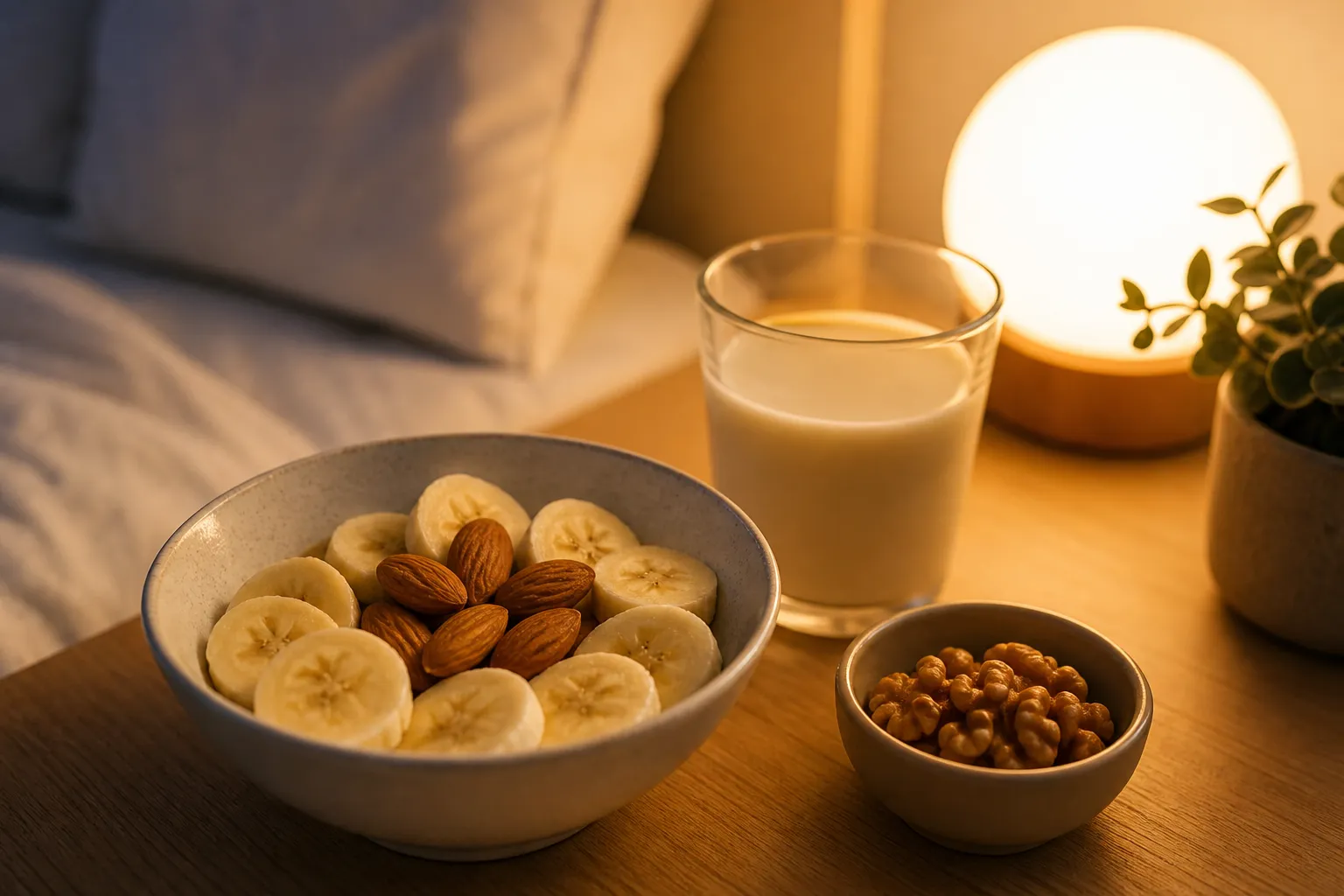 Een warme en kalme snack voor het slapengaan met banaan, noten en een zacht drankje.