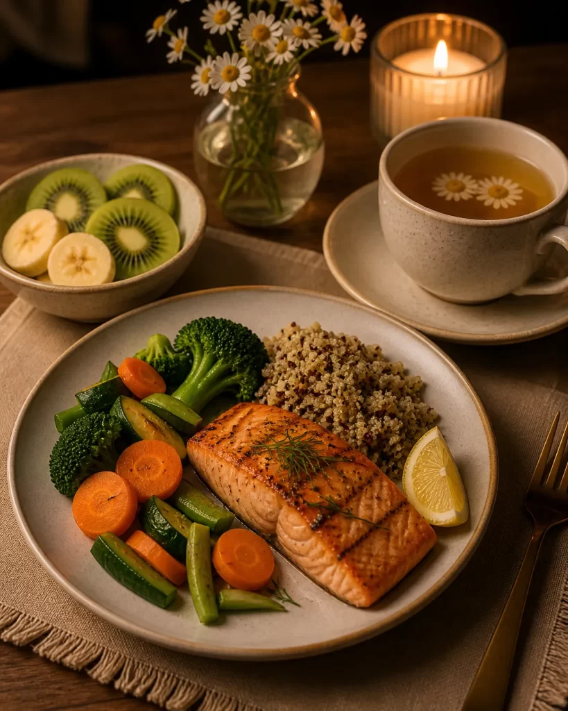 Een lichte, gezonde avondmaaltijd met zalm, groenten, quinoa en kamillethee voor een ontspannen avond zonder zwaar gevoel.
