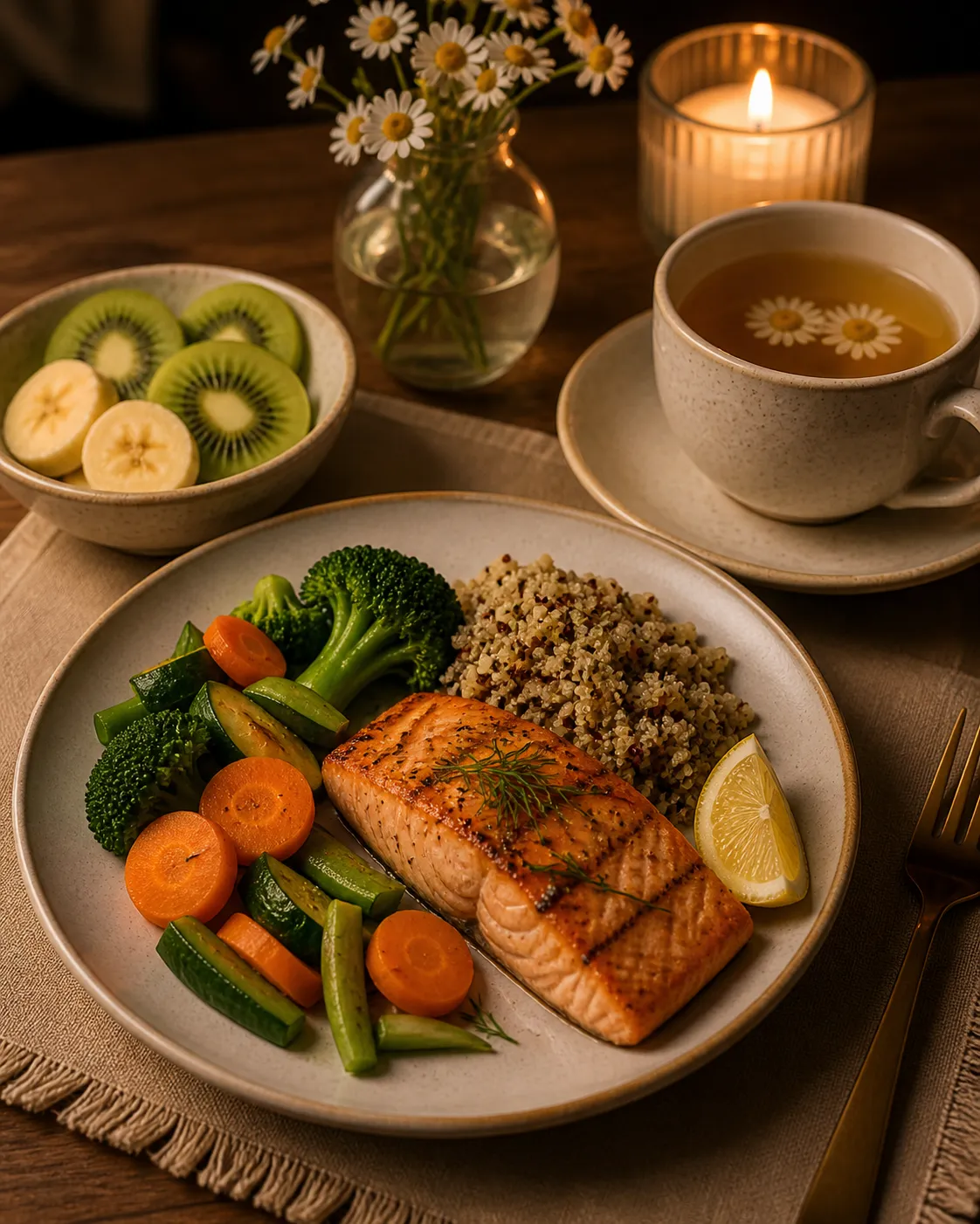 Een lichte, gezonde avondmaaltijd met zalm, groenten, quinoa en kamillethee voor een ontspannen avond zonder zwaar gevoel.