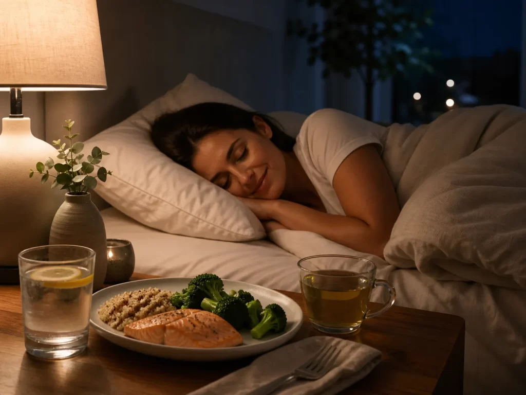 Een rustige avondsfeer met een lichte maaltijd die laat zien hoe eten voor het slapengaan je slaapkwaliteit kan beïnvloeden.