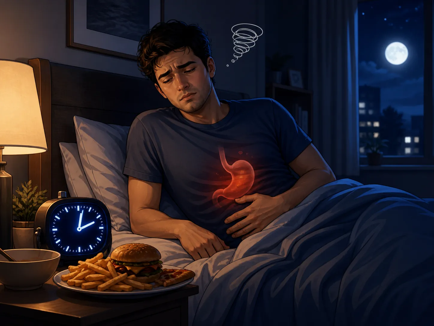Een man ligt ’s nachts ongemakkelijk in bed na een late maaltijd, met maagklachten en moeite om te slapen.