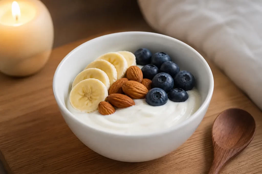 Een lichte kom yoghurt met banaan, blauwe bessen en amandelen als rustige, voedzame snack voor de avond.