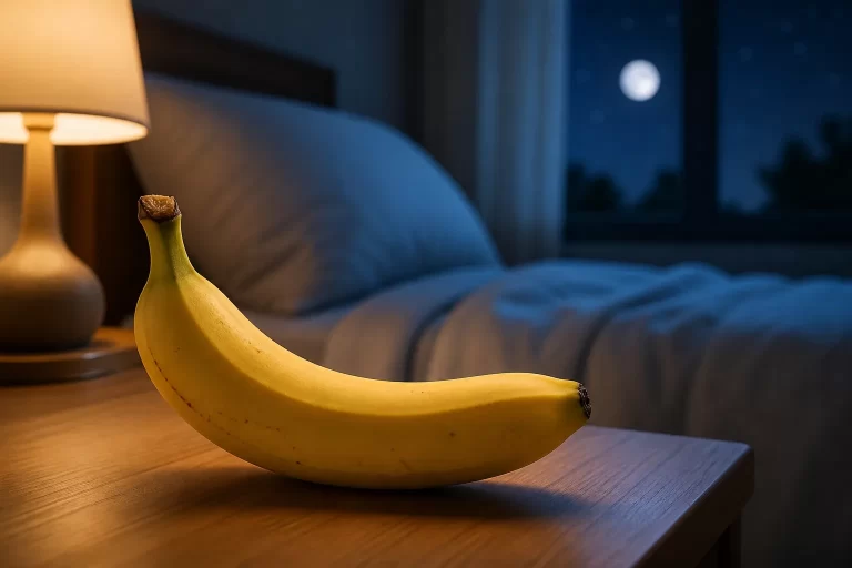 Home Een banaan op een nachtkastje in een rustige slaapkamer, symbool voor een ontspannen nacht.