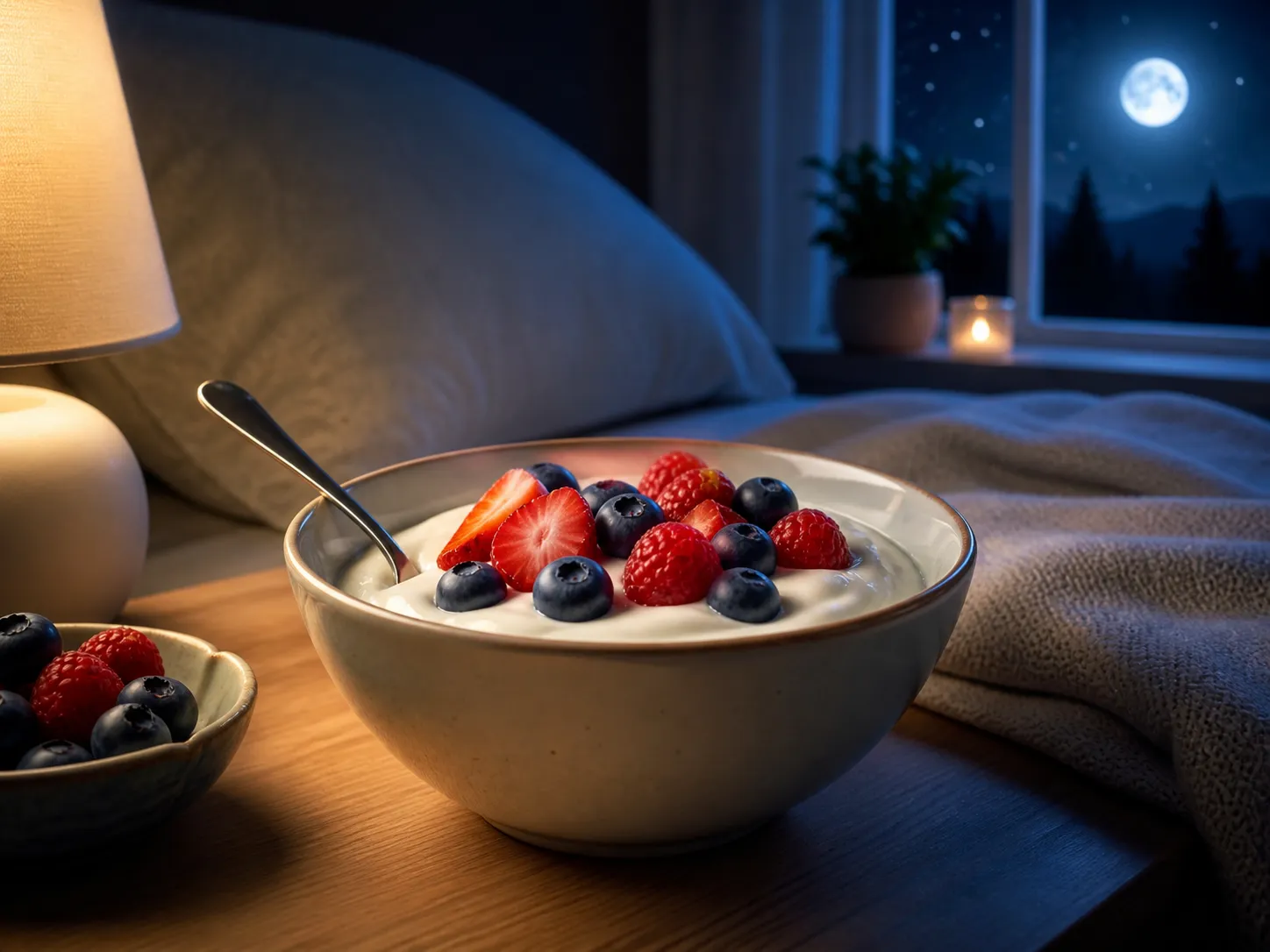 Een rustige avondsnack met romige yoghurt, vers fruit en een ontspannen sfeer voor het slapengaan.