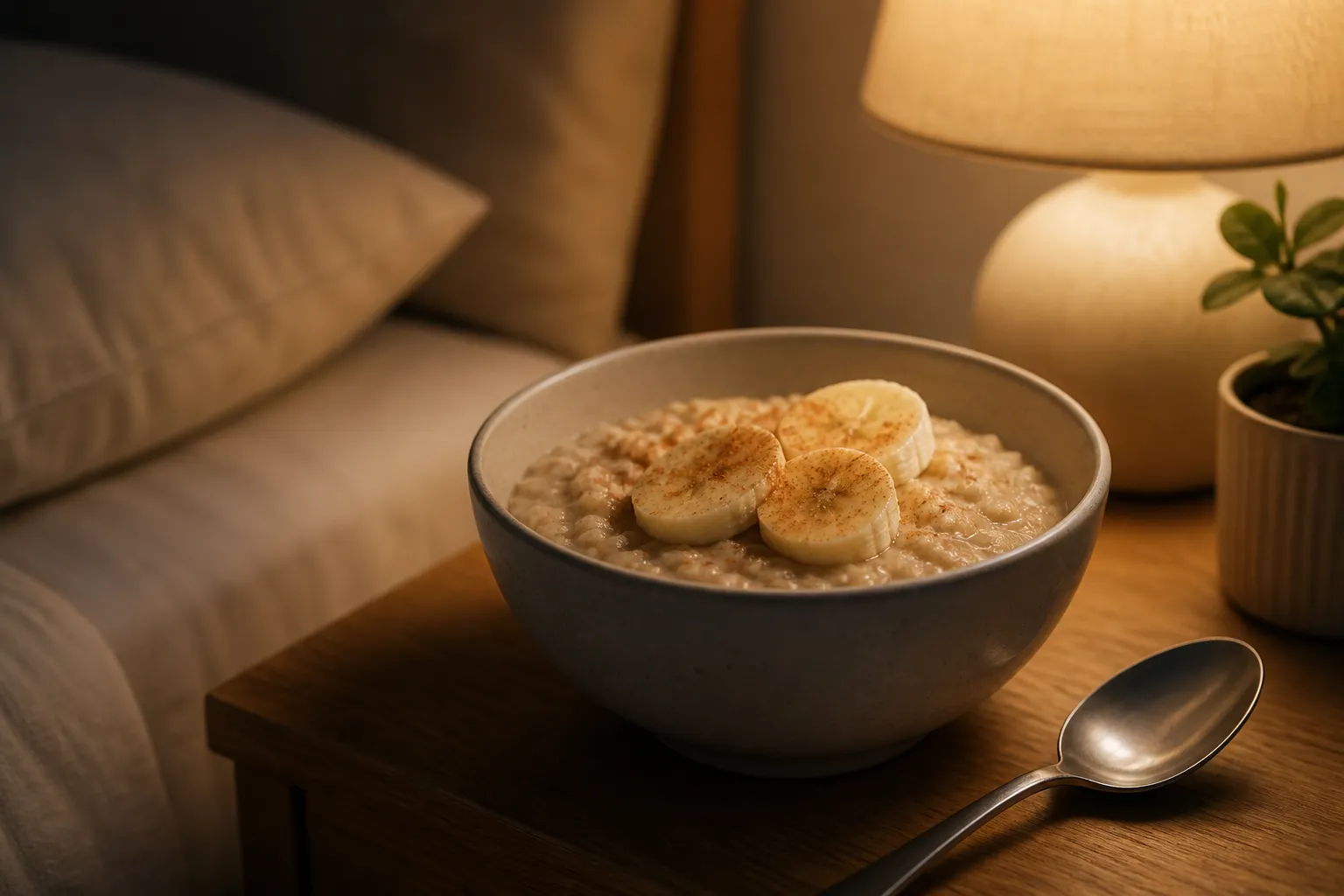 Een warme kom havermout in een gezellige slaapkamer, als rustgevende avondsnack voor het slapen.