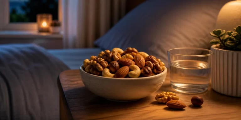 Home Een rustige avondsnack met een handje gemengde noten naast het bed, perfect voor een ontspannen nacht.