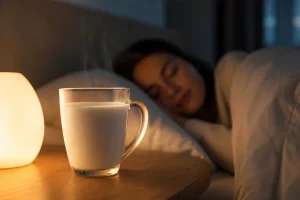 Een rustgevend beeld van een glas warme melk naast een slapende vrouw, als symbool voor ontspanning en een betere nachtrust.