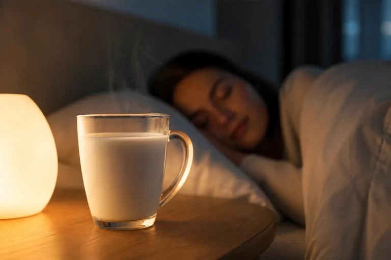 Een rustgevend beeld van een glas warme melk naast een slapende vrouw, als symbool voor ontspanning en een betere nachtrust.
