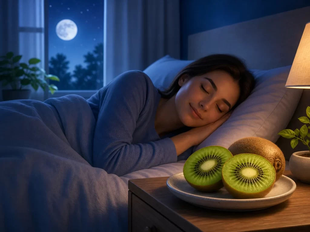 Een rustige nachtscène met kiwi op het nachtkastje en een slapende vrouw in bed.