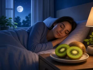 Een rustige nachtscène met kiwi op het nachtkastje en een slapende vrouw in bed.