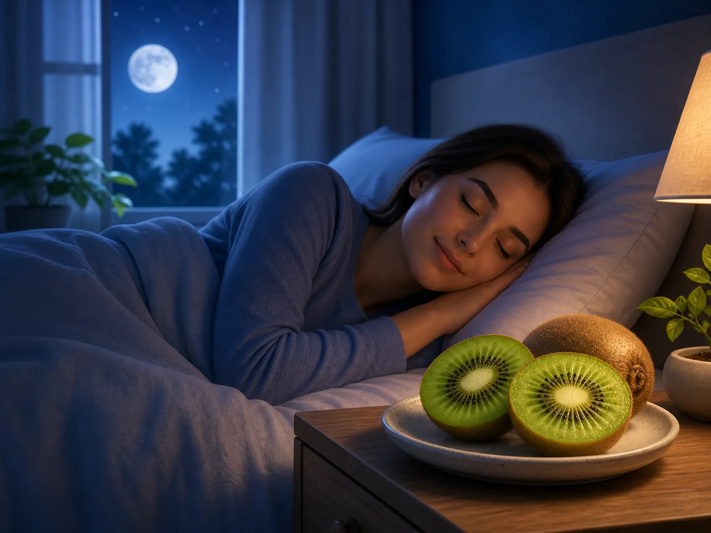 Een rustige nachtscène met kiwi op het nachtkastje en een slapende vrouw in bed.