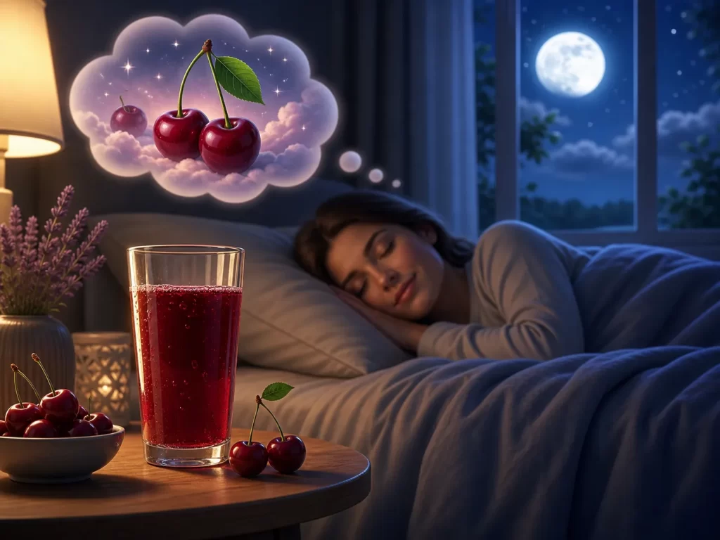 Een rustig nachtbeeld met kersensap op het nachtkastje en een slapende persoon in een gezellige slaapkamer.