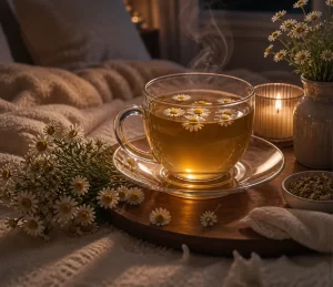 Een warme kop kamillethee in een rustige slaapkamer, perfect voor een ontspannen avond.