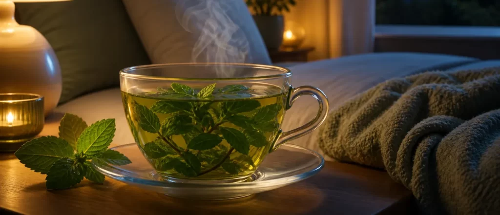 Een warme kop muntthee in een rustige slaapkamer, met zacht licht en een kalme nachtsfeer.