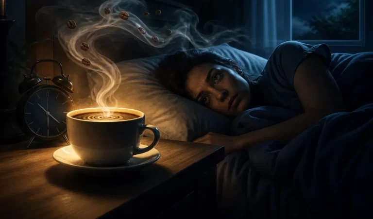 Een slapeloze nacht met koffie naast het bed, symbool voor hoe cafeïne je nachtrust kan verstoren.