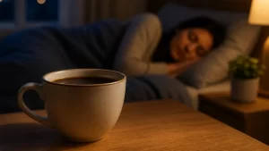 Een rustige avondscène met koffie op de voorgrond en een slapende persoon op de achtergrond, over hoe cafeïne je nachtrust kan beïnvloeden.