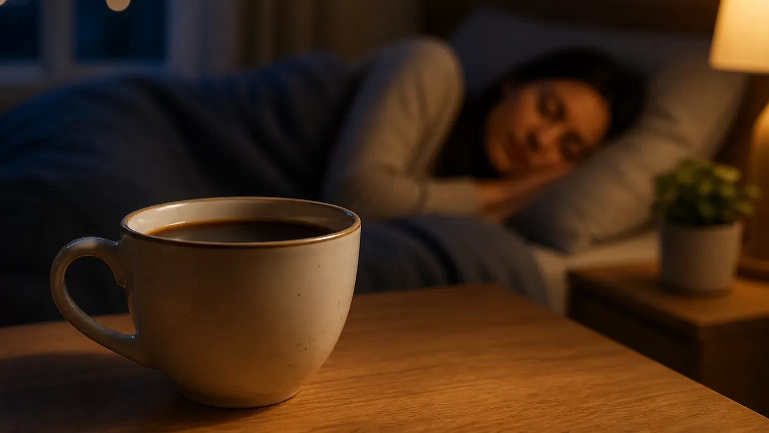 Een rustige avondscène met koffie op de voorgrond en een slapende persoon op de achtergrond, over hoe cafeïne je nachtrust kan beïnvloeden.