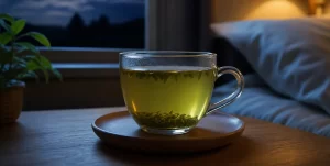 Een rustgevend kopje groene thee in een sfeervolle slaapkamer bij maanlicht.