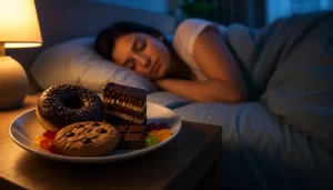 Een rustige slaapkamer met zoete snacks naast het bed, terwijl iemand vredig slaapt.