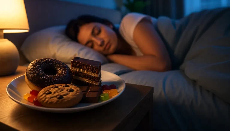 Een rustige slaapkamer met zoete snacks naast het bed, terwijl iemand vredig slaapt.