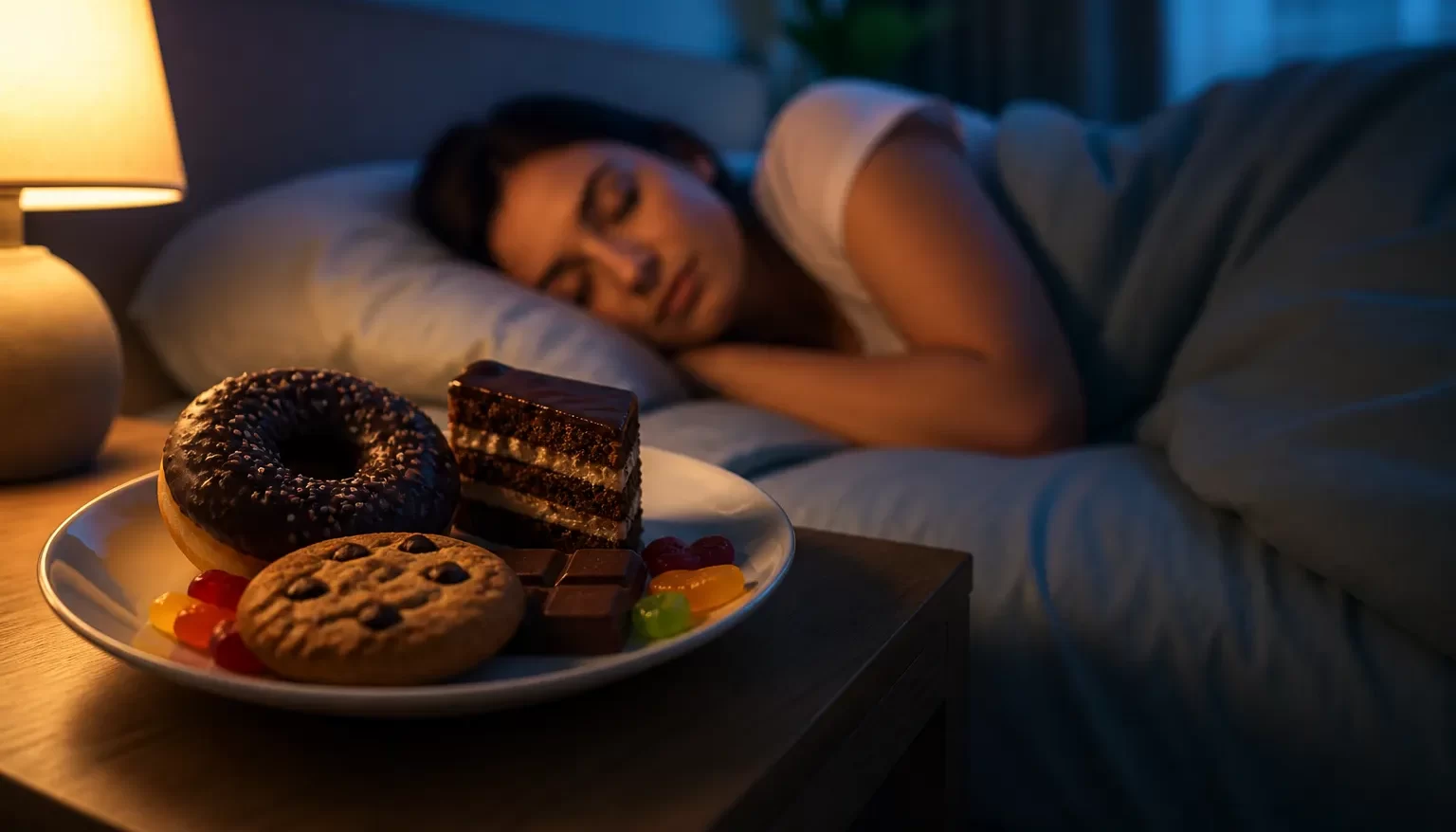 Een rustige slaapkamer met zoete snacks naast het bed, terwijl iemand vredig slaapt.