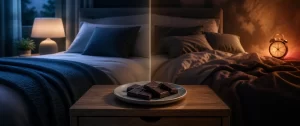 Een sfeervolle slaapkamer met chocolade op het nachtkastje, waarin rust en onrust voor het slapen subtiel tegenover elkaar staan.