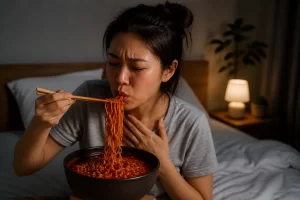 Een vrouw eet ’s avonds pittige noedels in bed en voelt de hitte duidelijk.