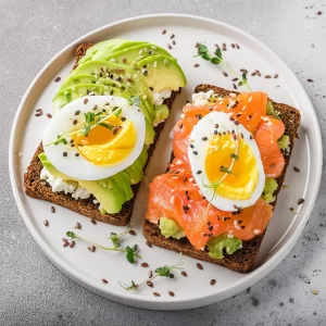 Voedzame toast met avocado, ei en zalm als voorbeeld van magnesiumrijke voeding voor een betere nachtrust.